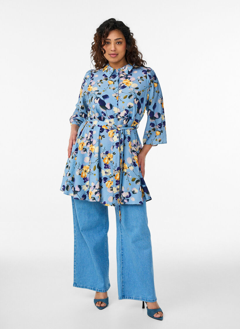Gemusterte Tunika mit Bindeg&uuml;rtel und 3/4-&Auml;rmeln, Blau, Model image number 1