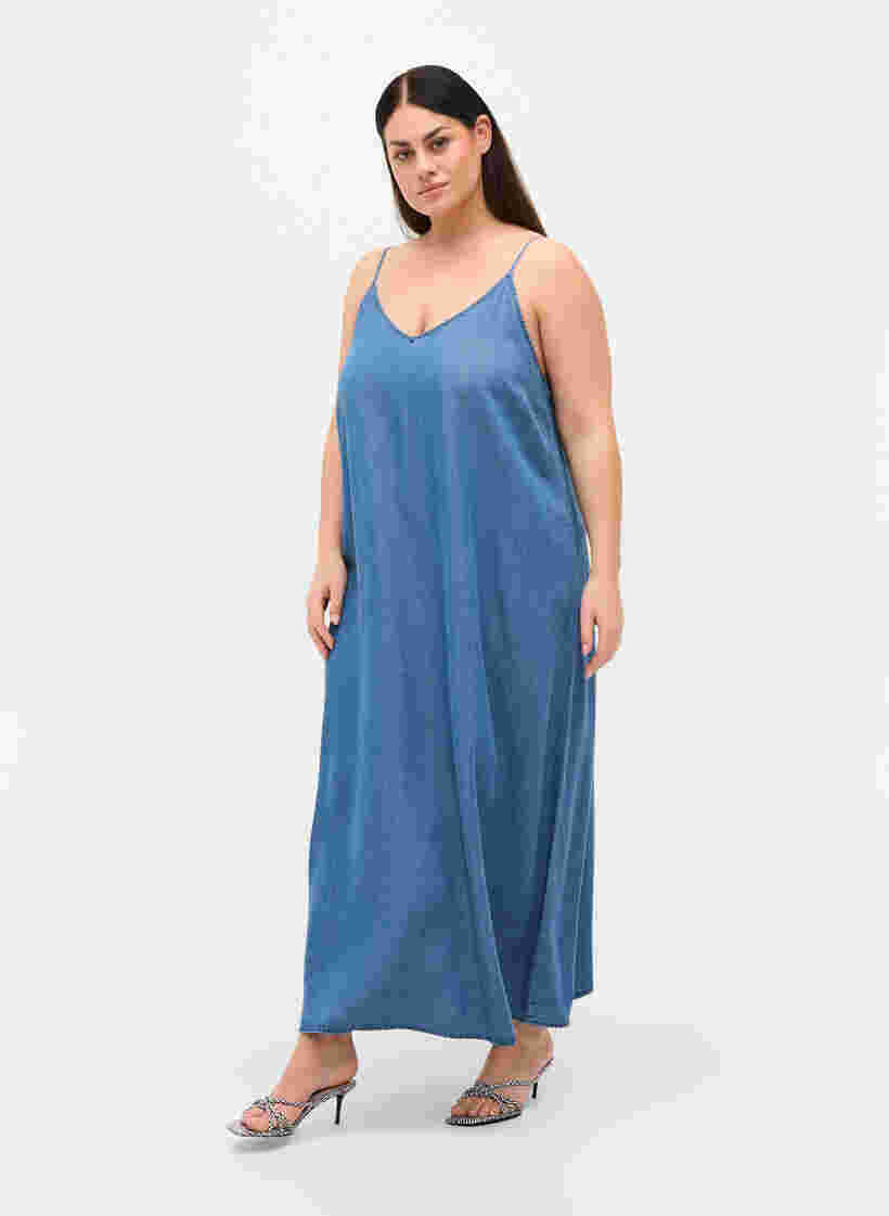 Langes Denim Kleid mit schmalen Trägern, Dark blue denim, Model image number 0