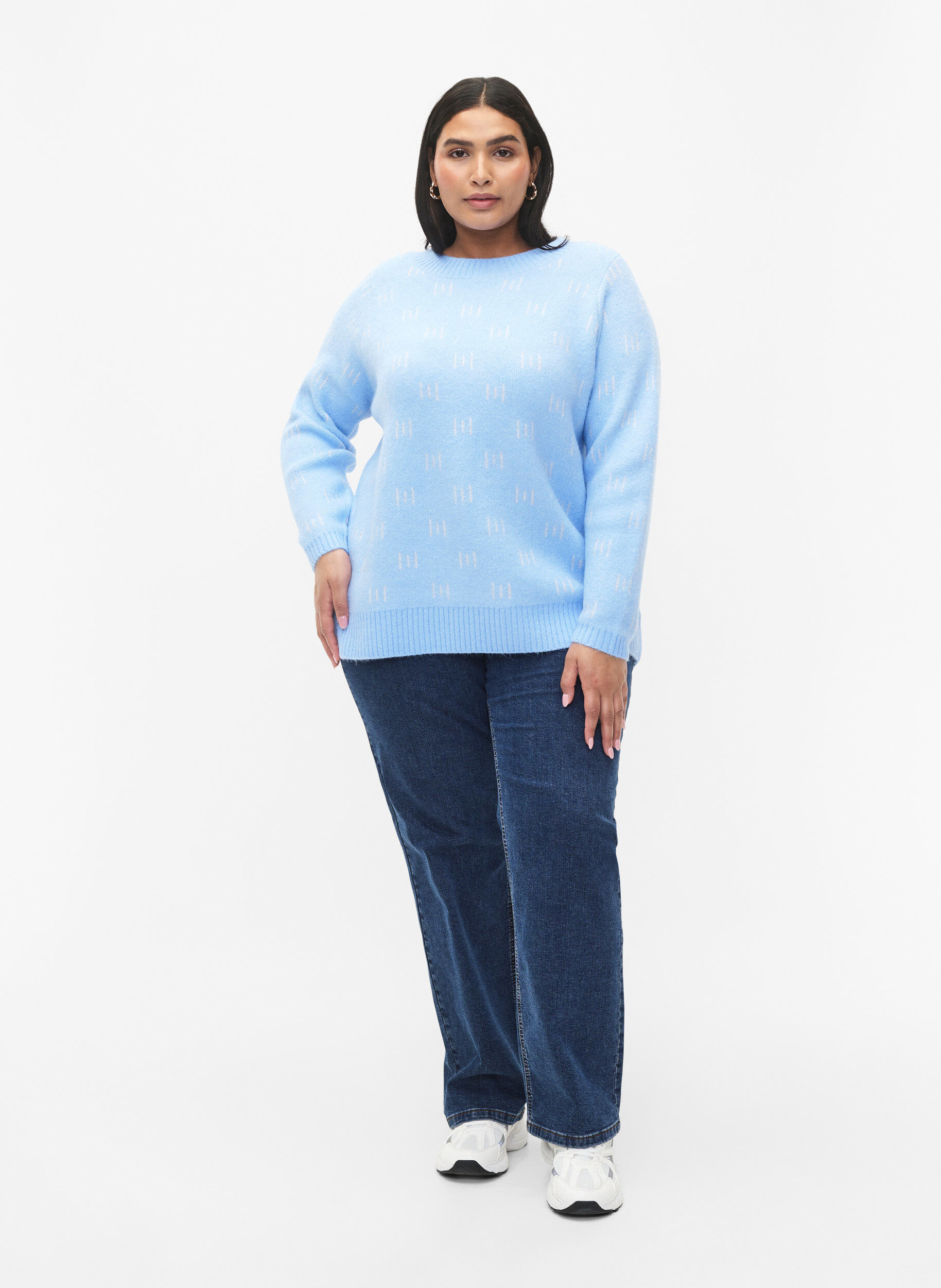 Zizzi Gemusterter Pullover, Blue Bell/Birch, Model image number 2