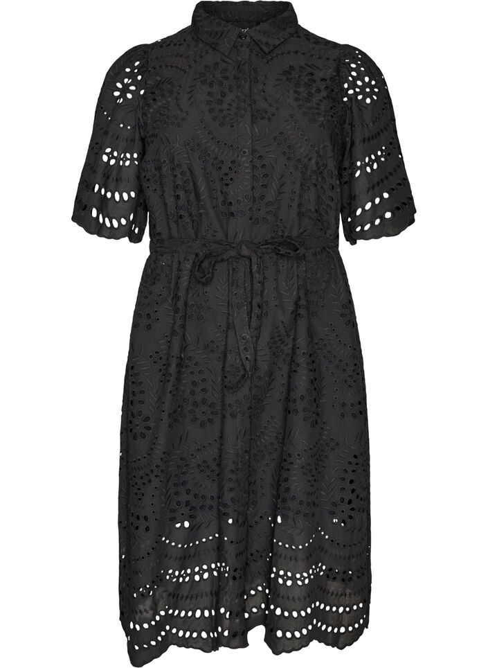 Hemdblusenkleid aus Broderie Anglaise mit Bindeg&uuml;rtel, Schwarz, Packshot image number 0