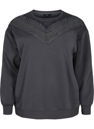 Sweatshirt mit Rüschen und Häkeldetail, Dark Grey, Packshot image number 0