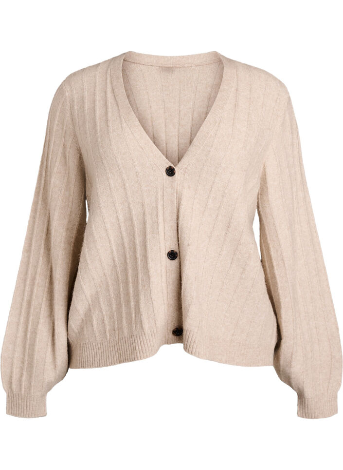 Strickjacke mit Rippstruktur und Ballonärmeln, Beige, Packshot image number 0