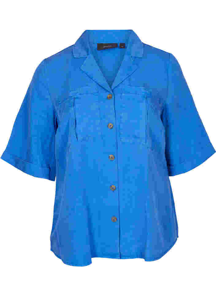 Kurzärmelige Hemdbluse mit Brusttaschen, Dazzling Blue, Packshot image number 0