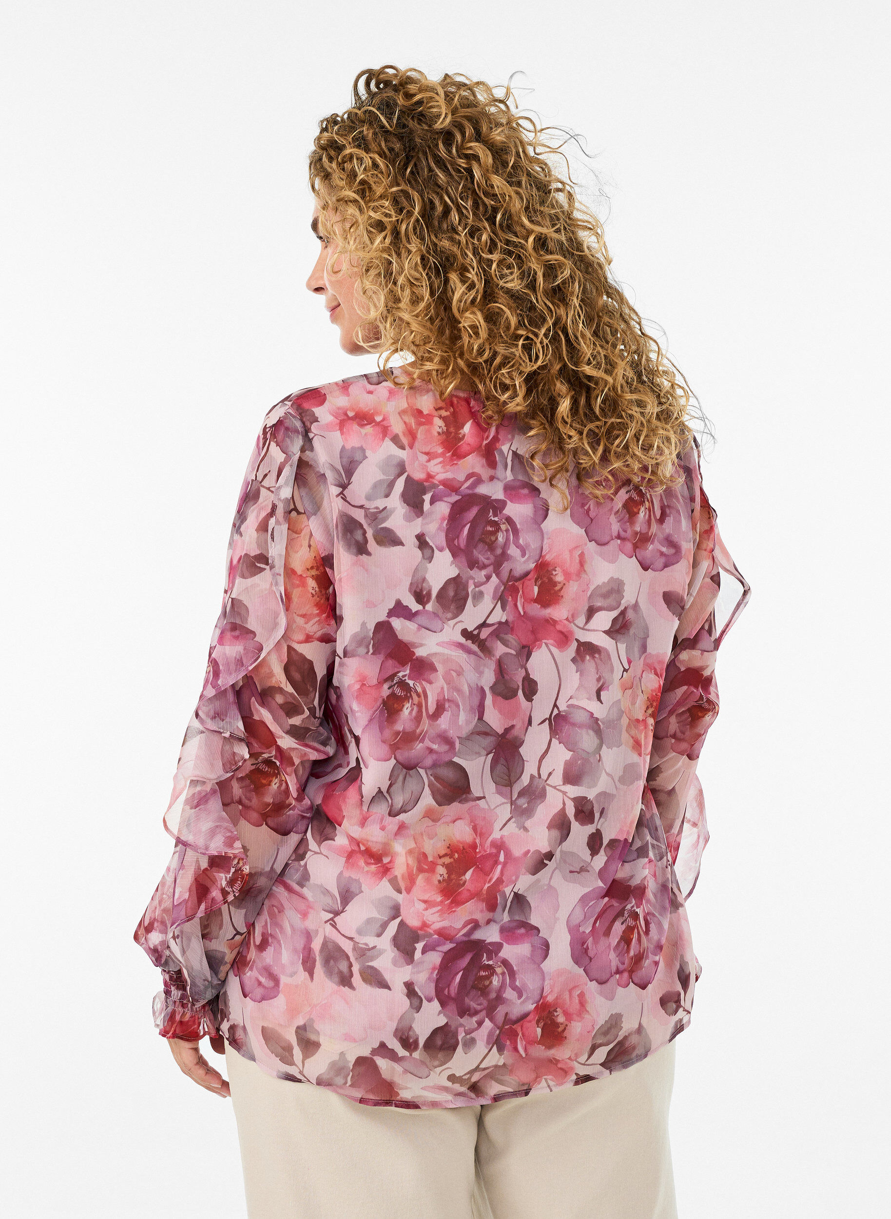 ZizziGebl&uuml;mte Bluse mit V-Ausschnitt und R&uuml;schen&auml;rmeln, Rot, Model image number 2