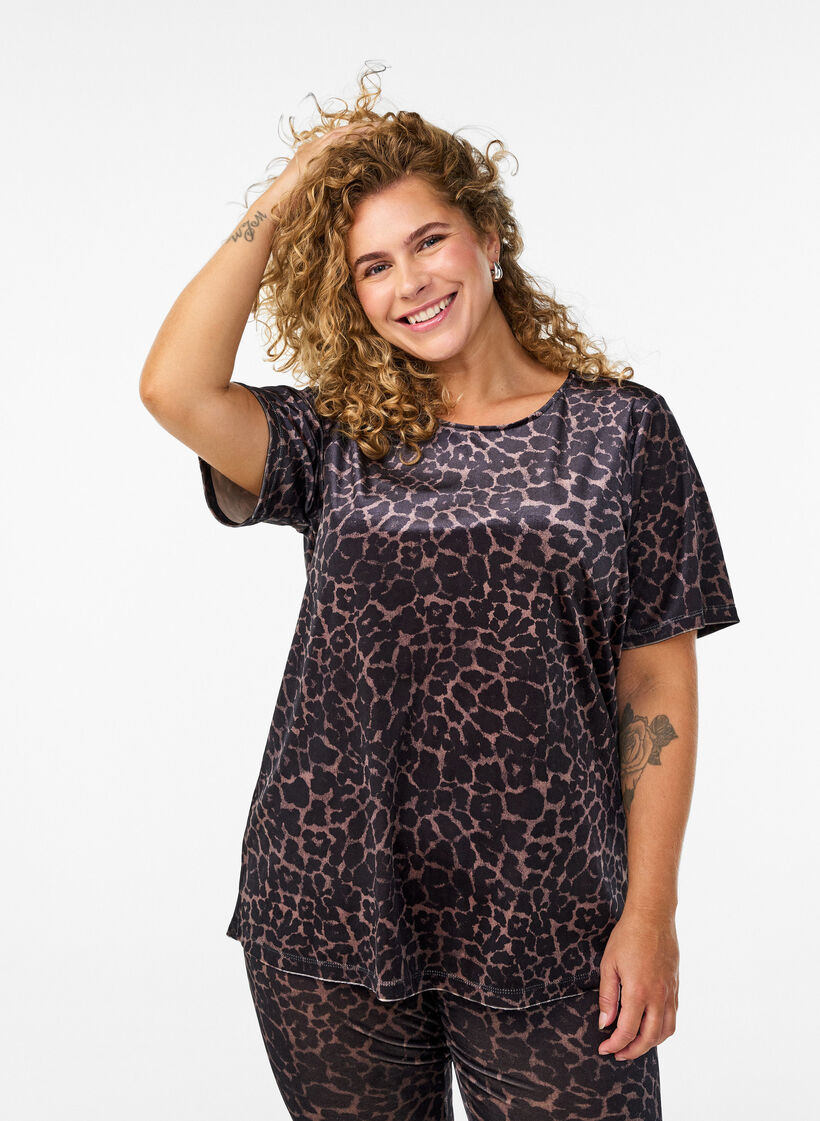 Kurzärmeliges Top aus Velours, Braun, Model image number 0