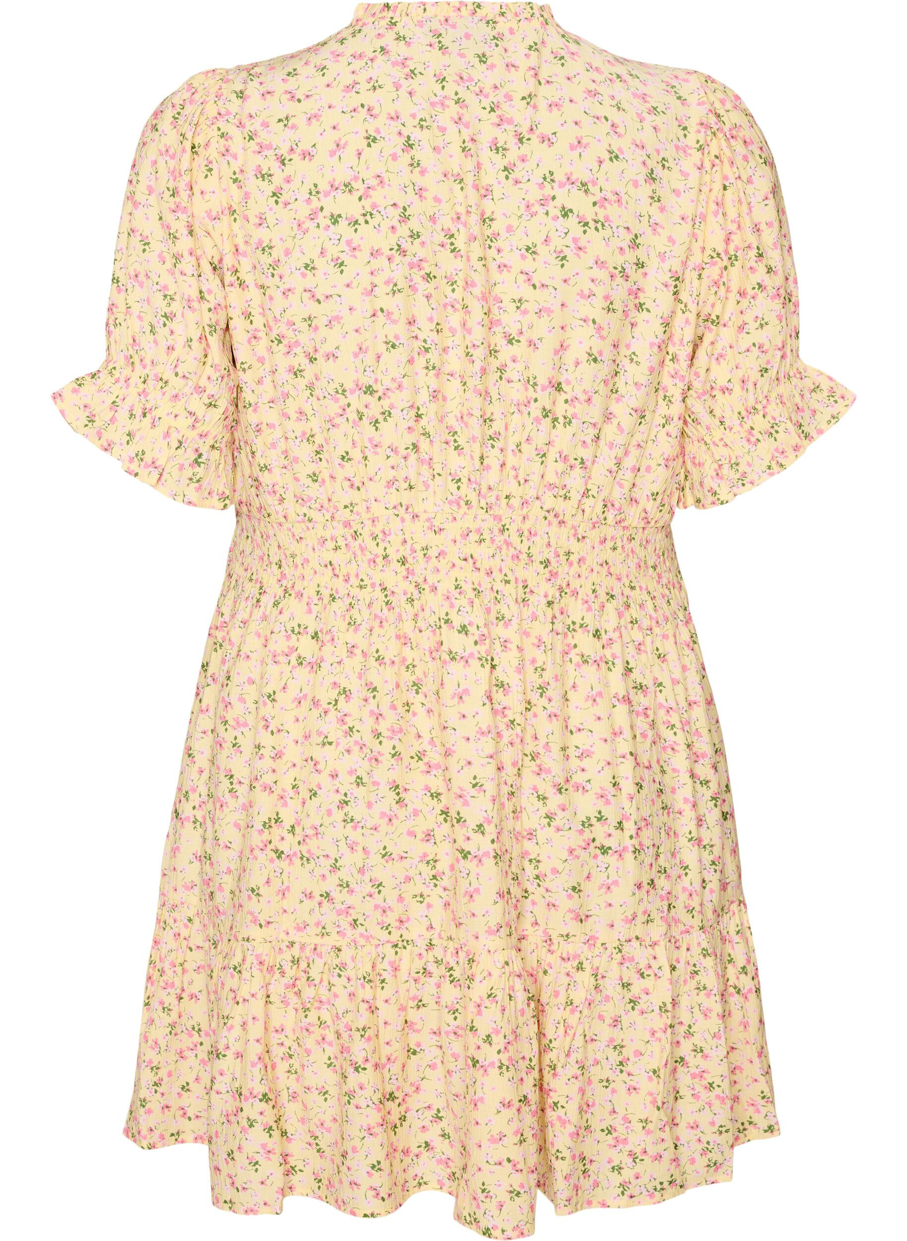 ZizziKurzes Kleid aus Viskose mit R&uuml;schendetails, Gelb, Packshot image number 1