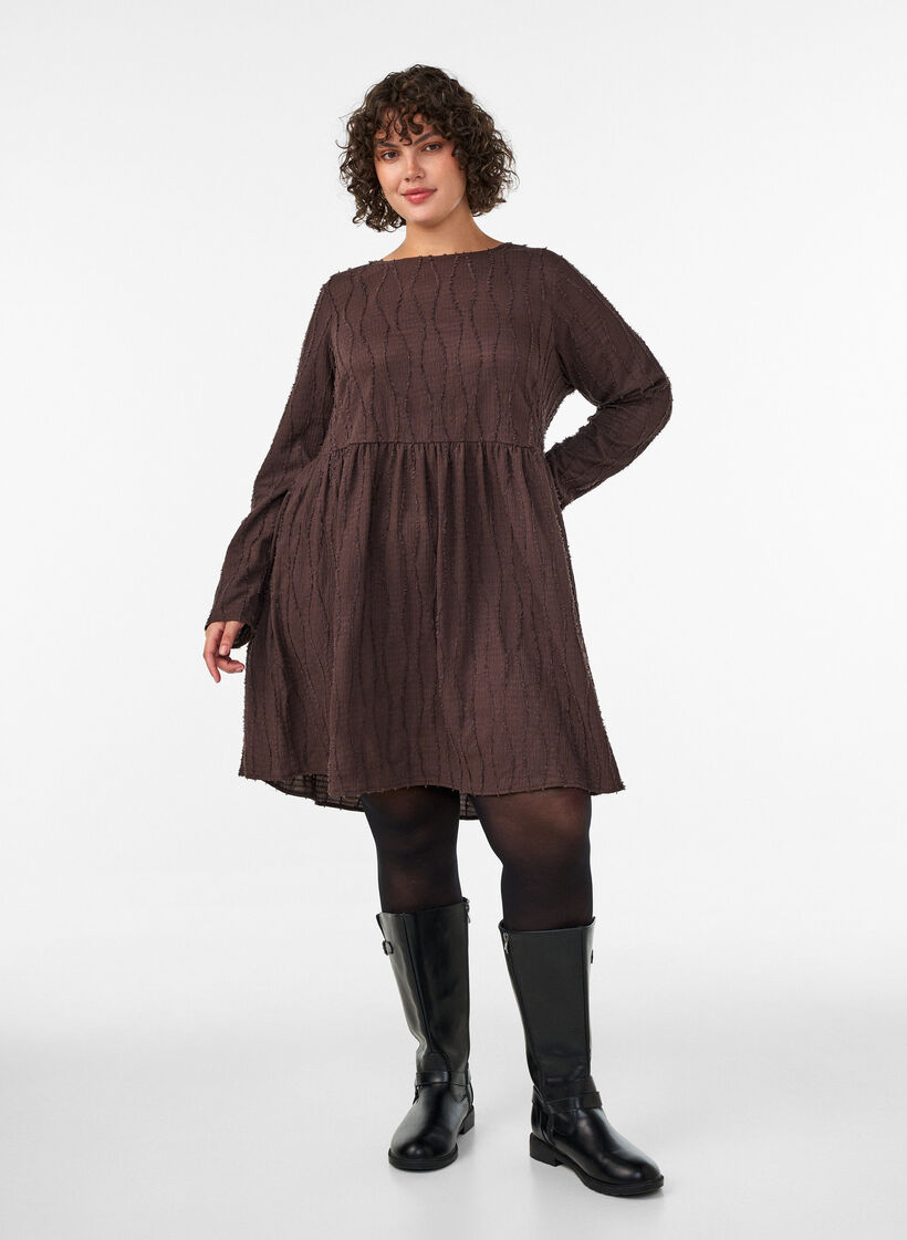 Kurzes Jerseykleid mit welligem Strukturmuster, Braun, Model image number 1