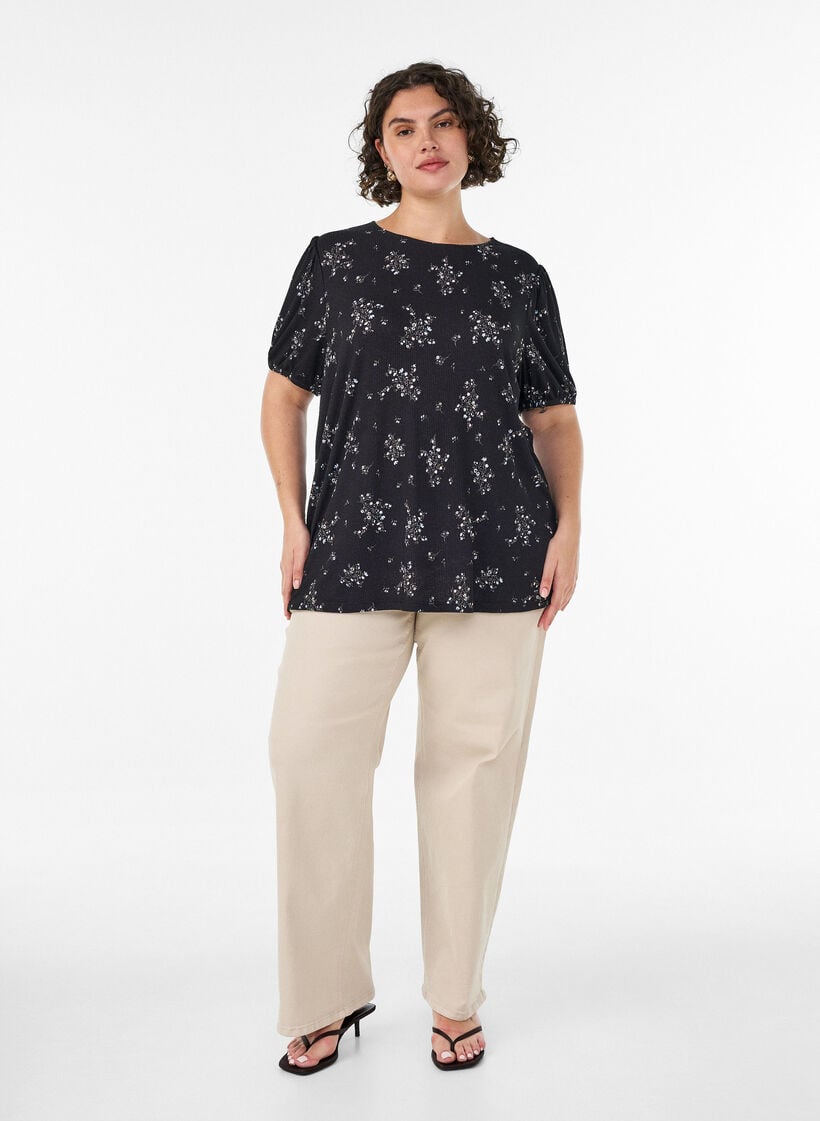 Gemusterte Bluse mit kurzen &Auml;rmeln, Schwarz, Model image number 1