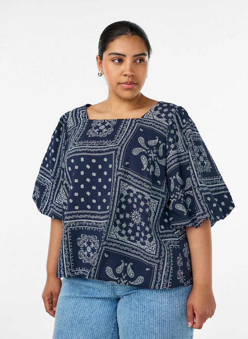 Bluse aus Viskose mit Paisleymuster und Ballon&auml;rmeln, Blau, Model image number 0