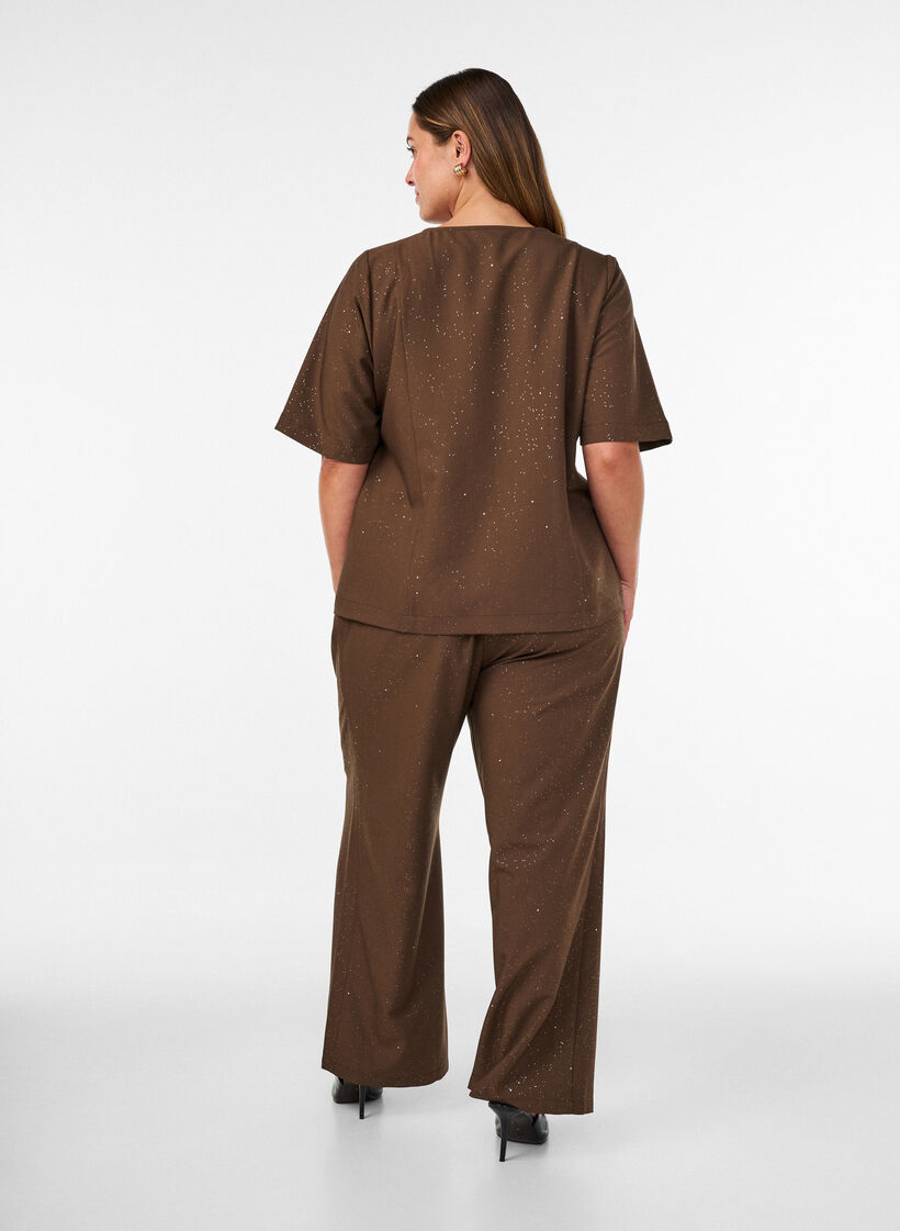 Hose mit Glitzer und weitem Bein, Braun, Model image number 1