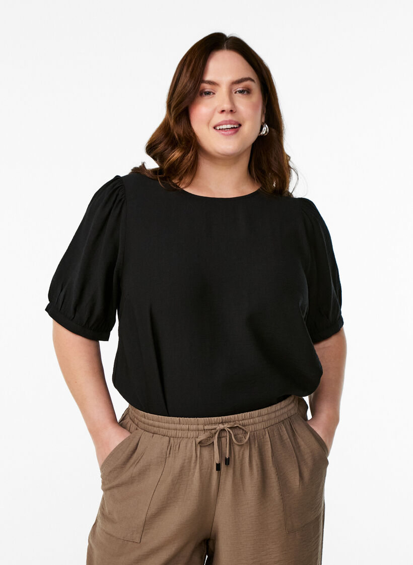 Bluse aus Viskose mit halben Ärmeln, Schwarz, Model image number 0