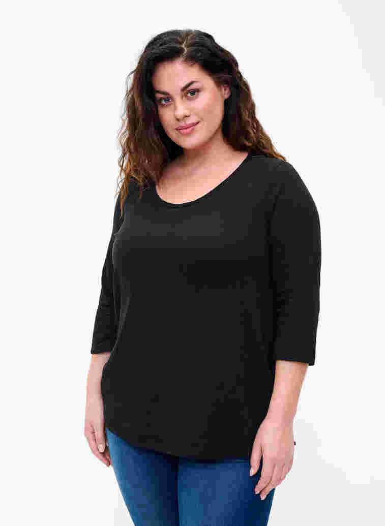 Basic T-Shirt aus Baumwolle mit 3/4-Ärmeln, Black, Model