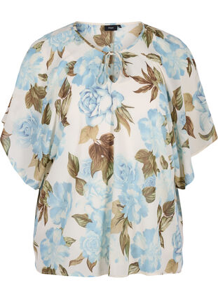 Kurzarm Bluse mit Bindebändern und Print , Cloud Dancer Flower , Packshot image number 0