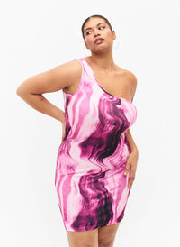 Eng anliegendes One-Shoulder Kleid mit Print, Raspberry Rose AOP, Model