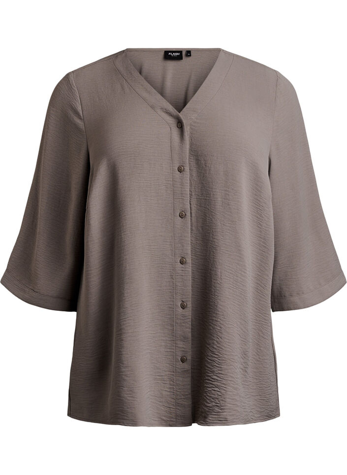 Bluse mit V-Ausschnitt und 3/4-&Auml;rmeln, Beige, Packshot image number 0