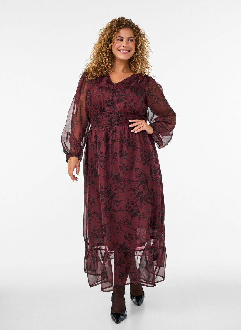 Maxikleid mit floralem Print und Smock, Dunkles Bordeaux, Model image number 0
