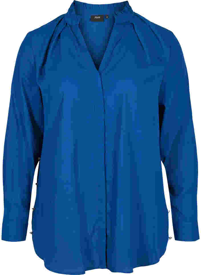 Langarmhemd mit Rüschenkragen, Estate Blue, Packshot image number 0