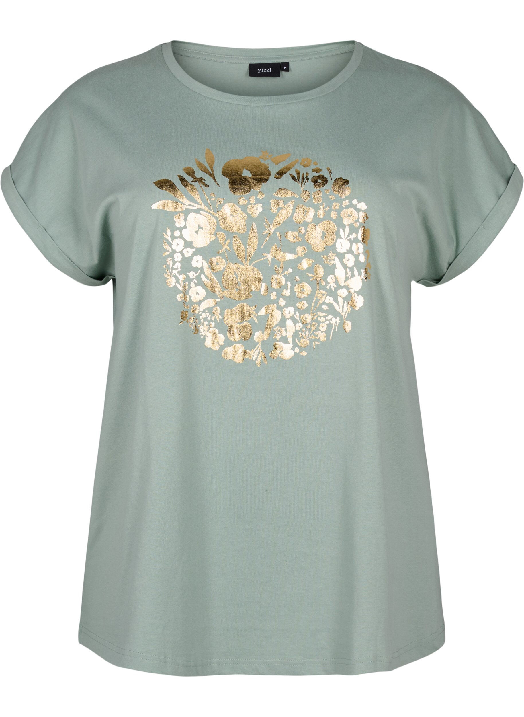 Zizzi T-Shirt aus Bio-Baumwolle mit Golddruck, Ch.Green Gold Flower, Packshot image number 0