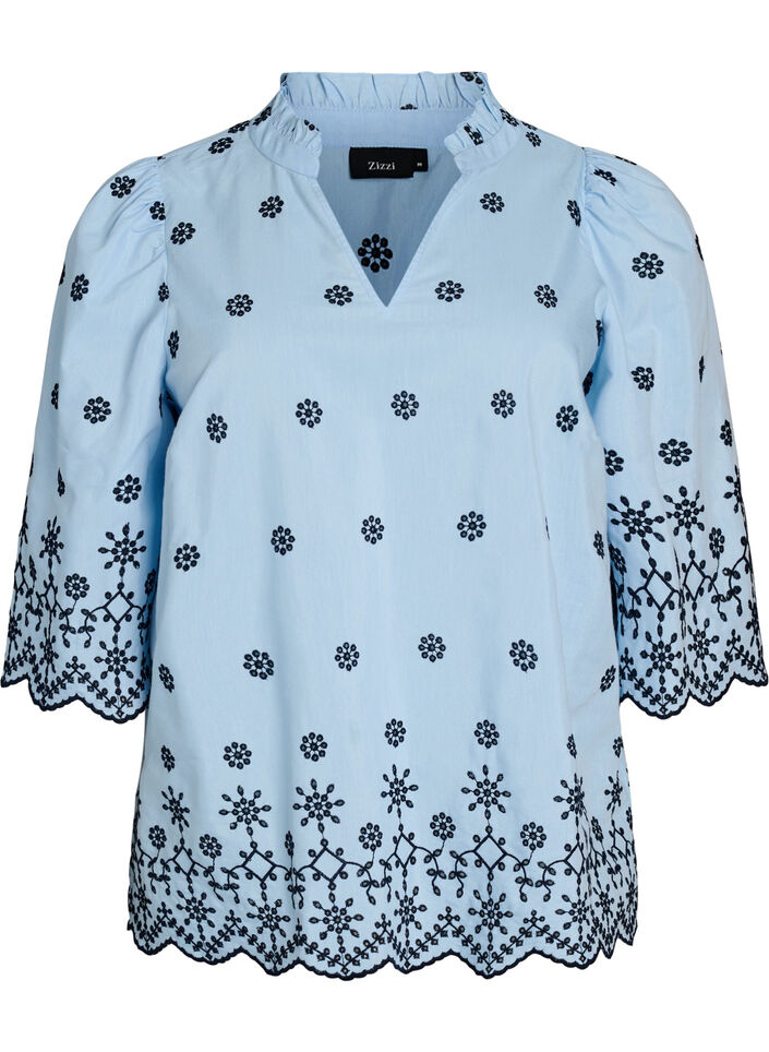 Bluse mit 3/4-&Auml;rmeln und gesticktem Muster, Blau, Packshot image number 0