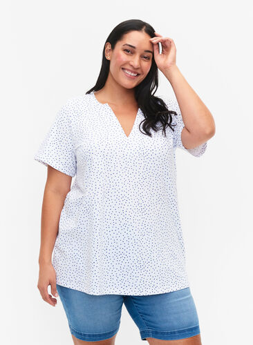 Baumwoll-T-Shirt mit Punkten und V-Ausschnitt, B.White/S.T.W Dot, Model image number 0