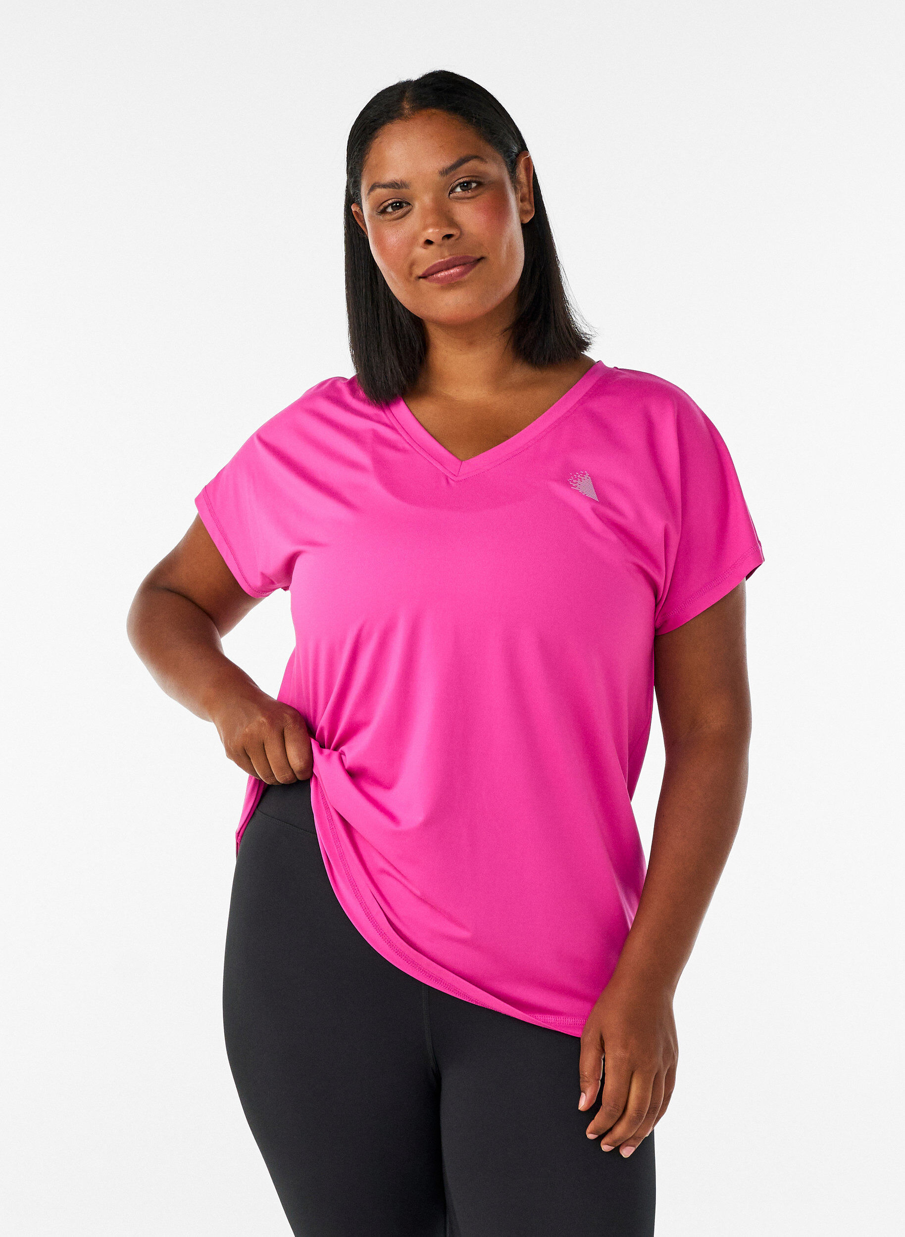 Lockeres Trainings-T-Shirt mit V-Ausschnitt, Pink, Model