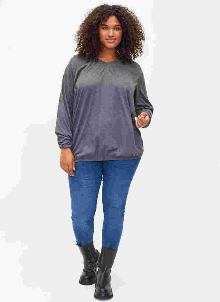Melierte-Bluse mit langen Ärmeln und V-Ausschnitt, Dark Grey Melange, Model image number 2