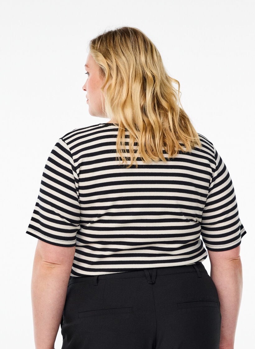 Gestreiftes T-Shirt mit gerippter Struktur, Schwarz, Model image number 2