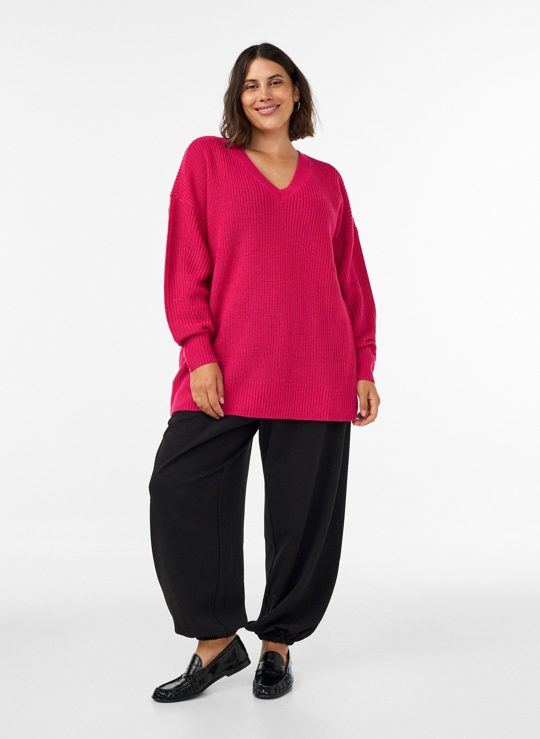 ZizziLange Bluse aus Rippstrick mit V-Ausschnitt, Pink, Model image number 1