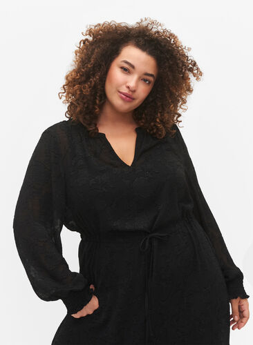 Langärmliges Midi-Kleid im Jacquard-Look, Black, Model image number 2