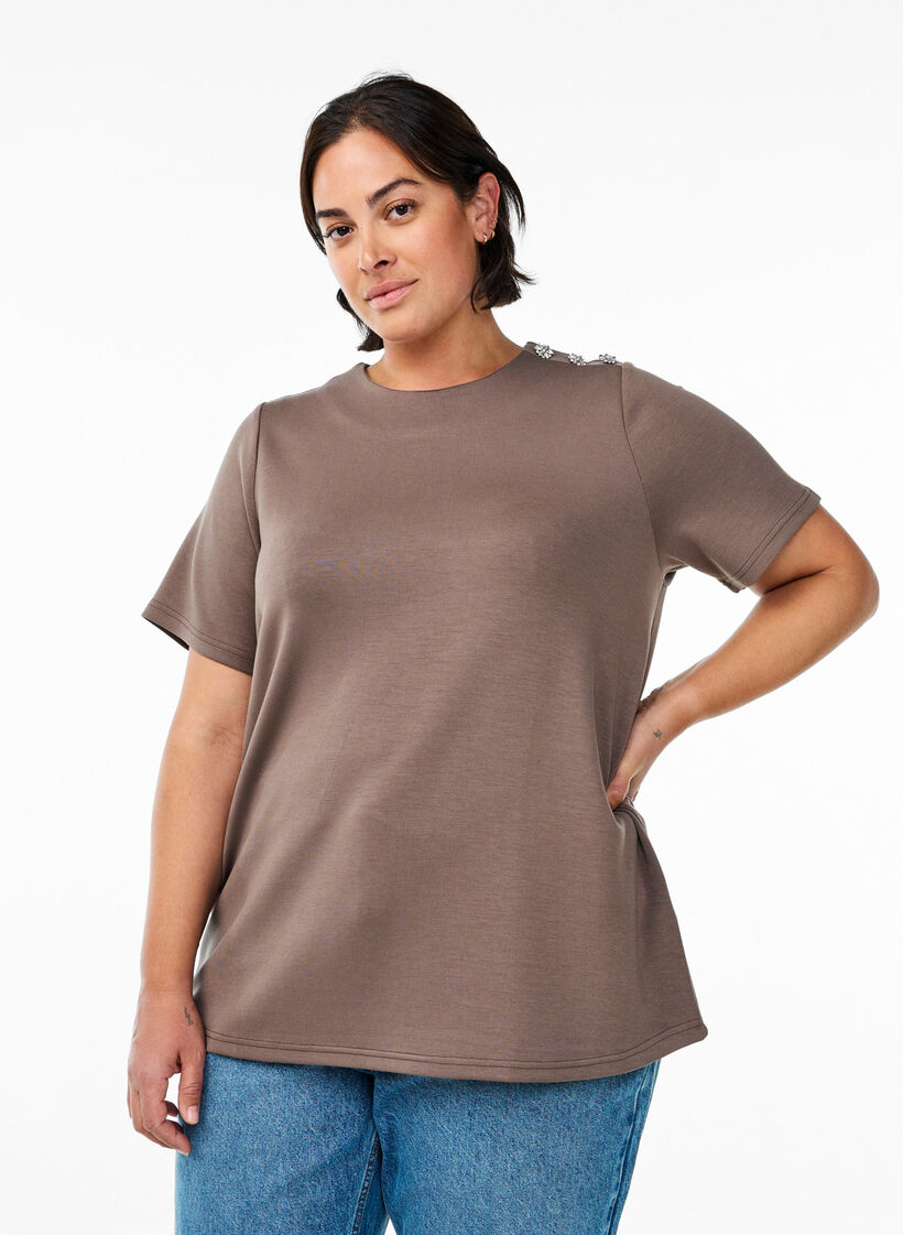 Kurzärmelige Bluse mit Knopfdetail, Braun, Model image number 0