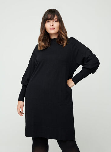 Kleid mit hohem Kragen und Ballonärmeln, Black, Model image number 0