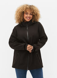 Kurze Softshell-Jacke mit abnehmbarer Kapuze, Black, Model