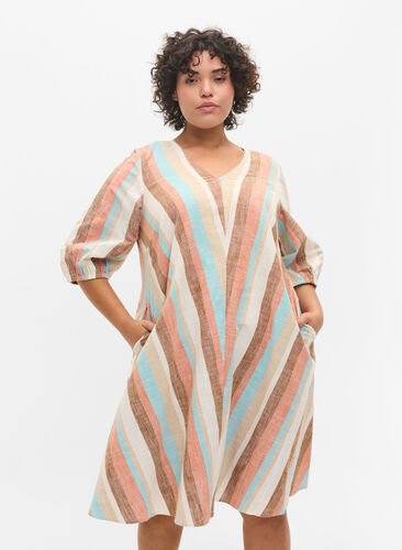 Gestreiftes Kleid aus Baumwolle mit A-Linie, Multi Stripe, Model image number 0