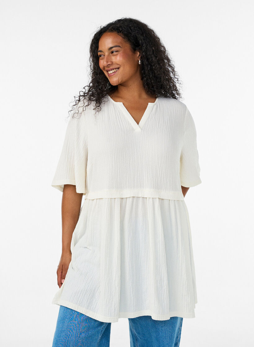 Tunika mit Crinkle-Struktur und 1/2-&Auml;rmeln, Vanille, Model image number 0