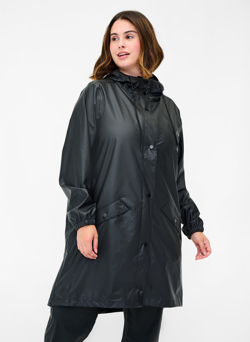 Regenjacke mit Kapuze und Knopfverschluss, Black, Model image number 0