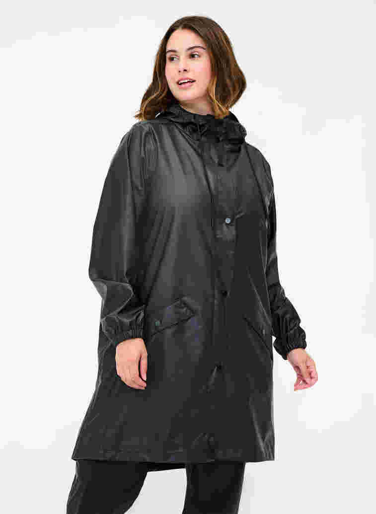 Regenjacke mit Kapuze und Knopfverschluss, Black, Model