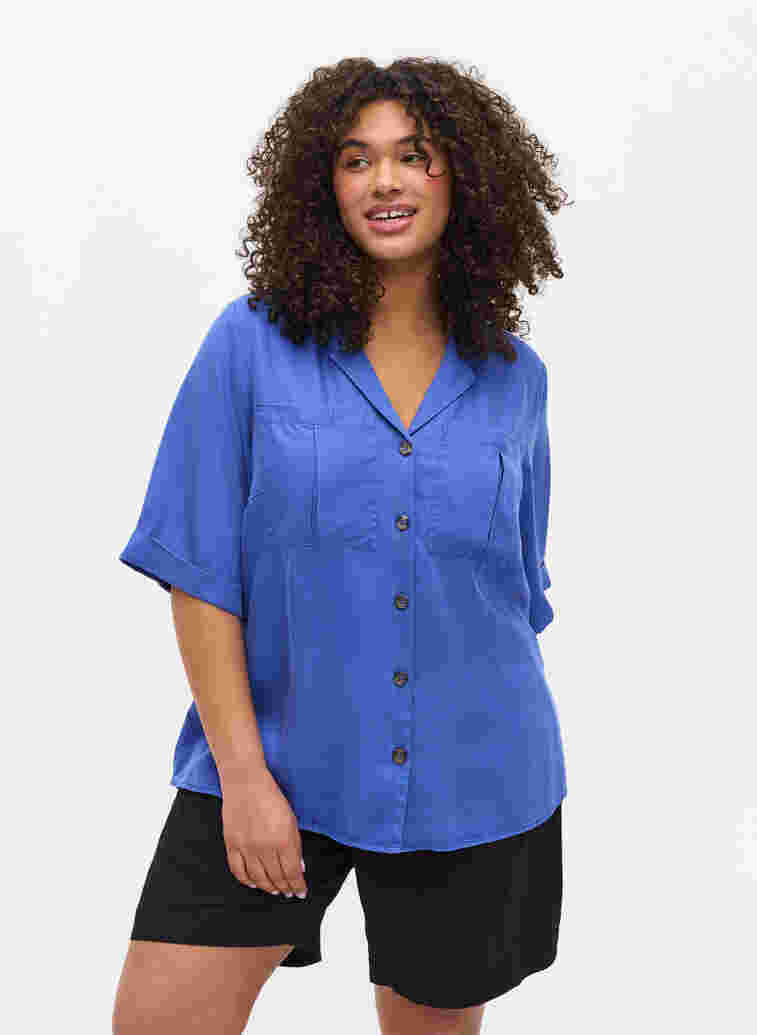 Kurzärmelige Hemdbluse mit Brusttaschen, Dazzling Blue, Model image number 0