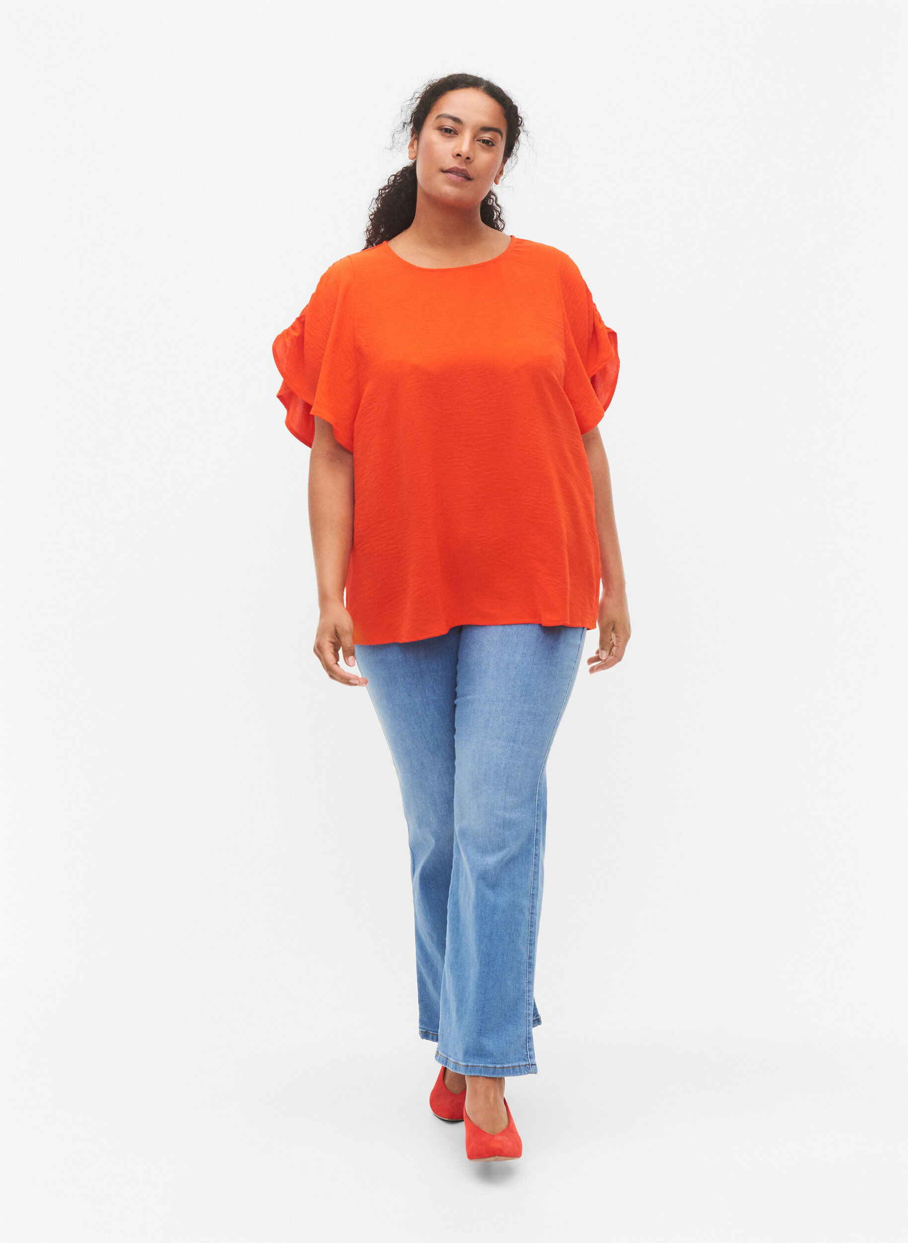 Zizzi Kurz&auml;rmelige Bluse mit Falten, Orange.com, Model image number 3