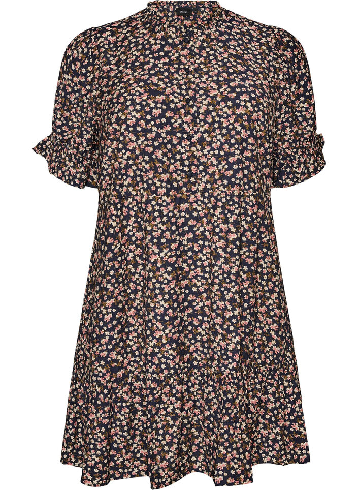 Kurzes Kleid aus Viskose mit R&uuml;schendetails, Blau, Packshot image number 0
