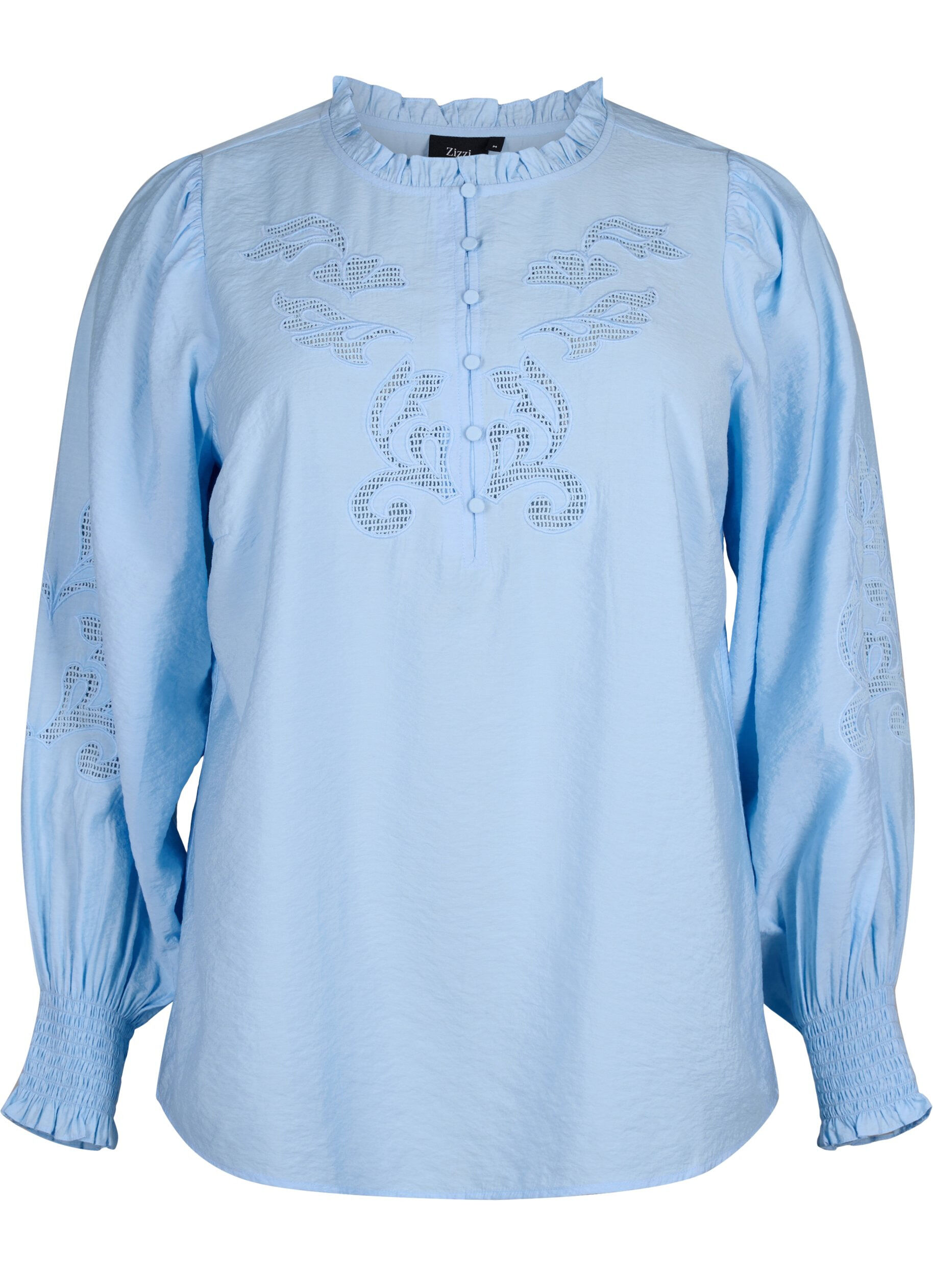 Zizzi Bluse mit R&uuml;schen und Lochstickerei, Chambray Blue, Packshot image number 0