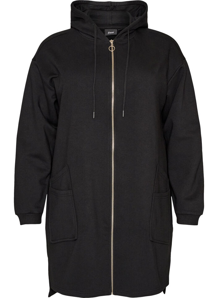 Langer Cardigan mit Kapuze und Rei&szlig;verschluss, Schwarz, Packshot image number 0
