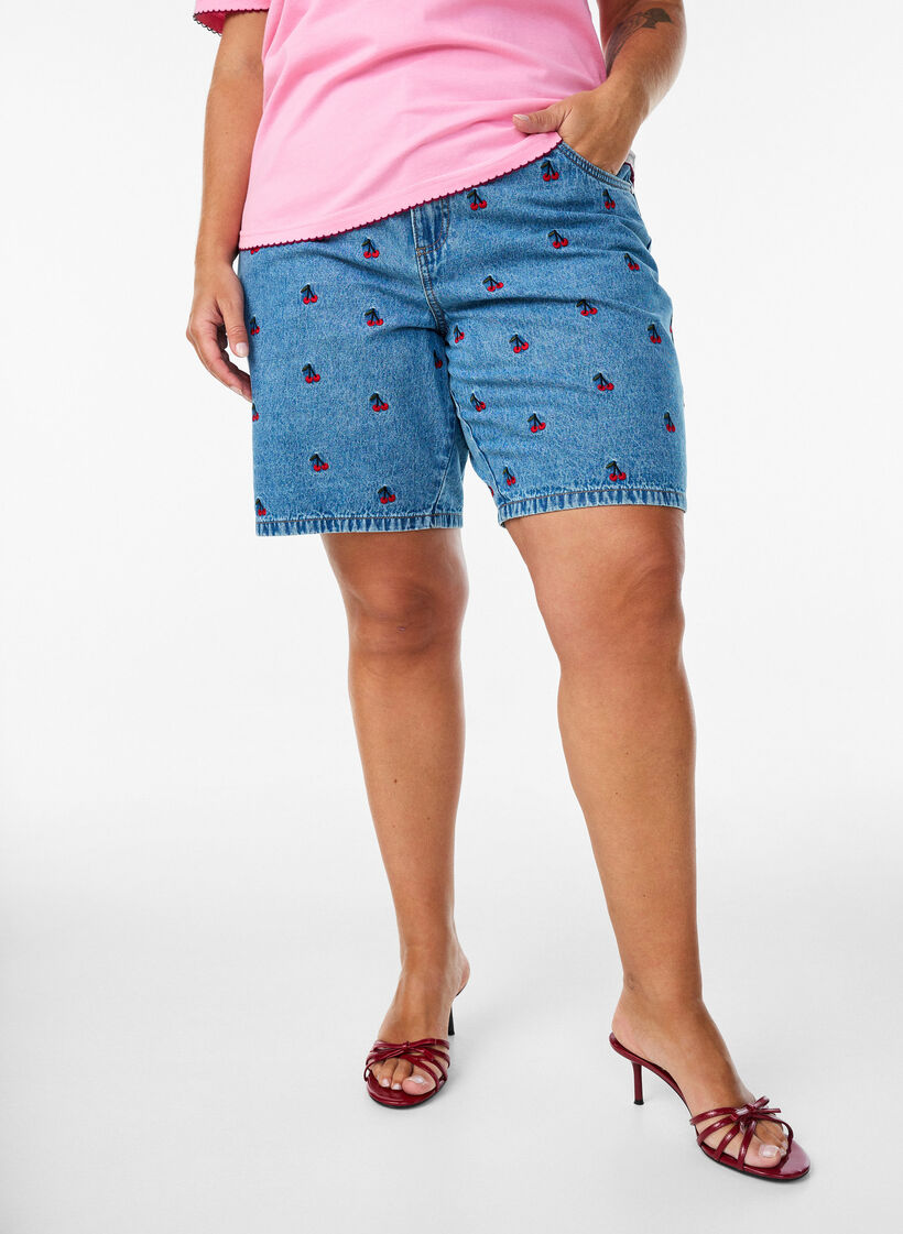 Bestickte Denimshorts, Blau, Model image number 3
