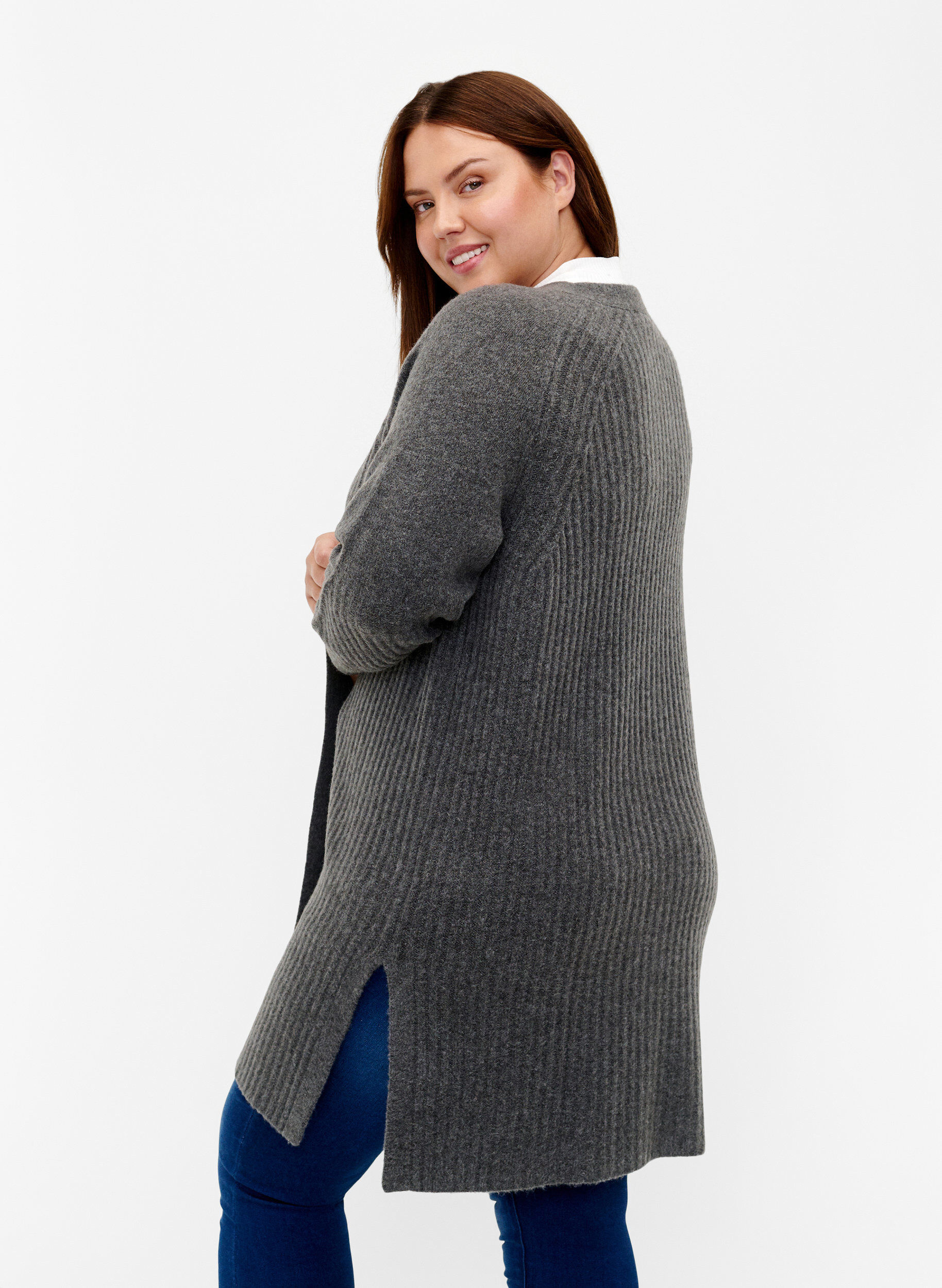 Zizzi Lange Strickjacke aus Rippenstrick, Dark Grey Melange, Model image number 1