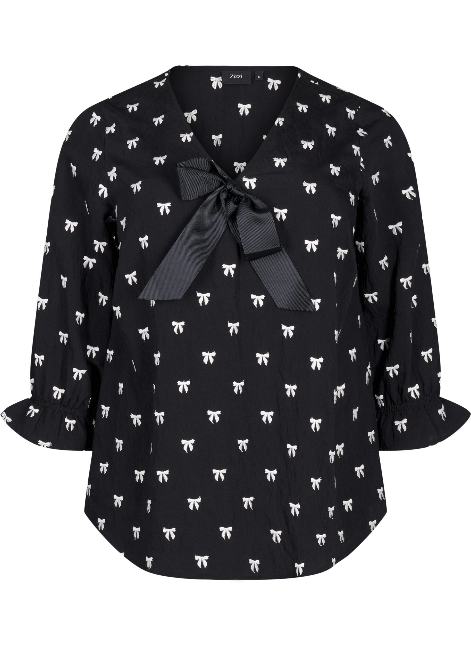 Zizzi Bluse mit Schleifen und 3/4-&Auml;rmeln, Black White Bow, Packshot image number 0