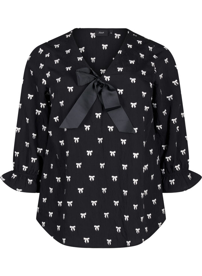 Bluse mit Schleifen und 3/4-Ärmeln, Black White Bow, Packshot image number 0
