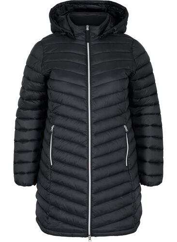 Gesteppte leichte Jacke mit abnehmbarer Kapuze und Taschen, Black, Packshot image number 0