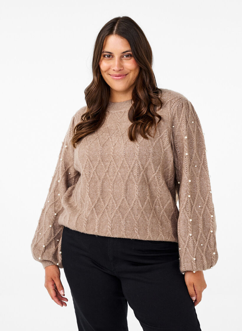 Gestrickter Pullover mit Muster und Perlen, Desert Taupe Mel., Model image number 0