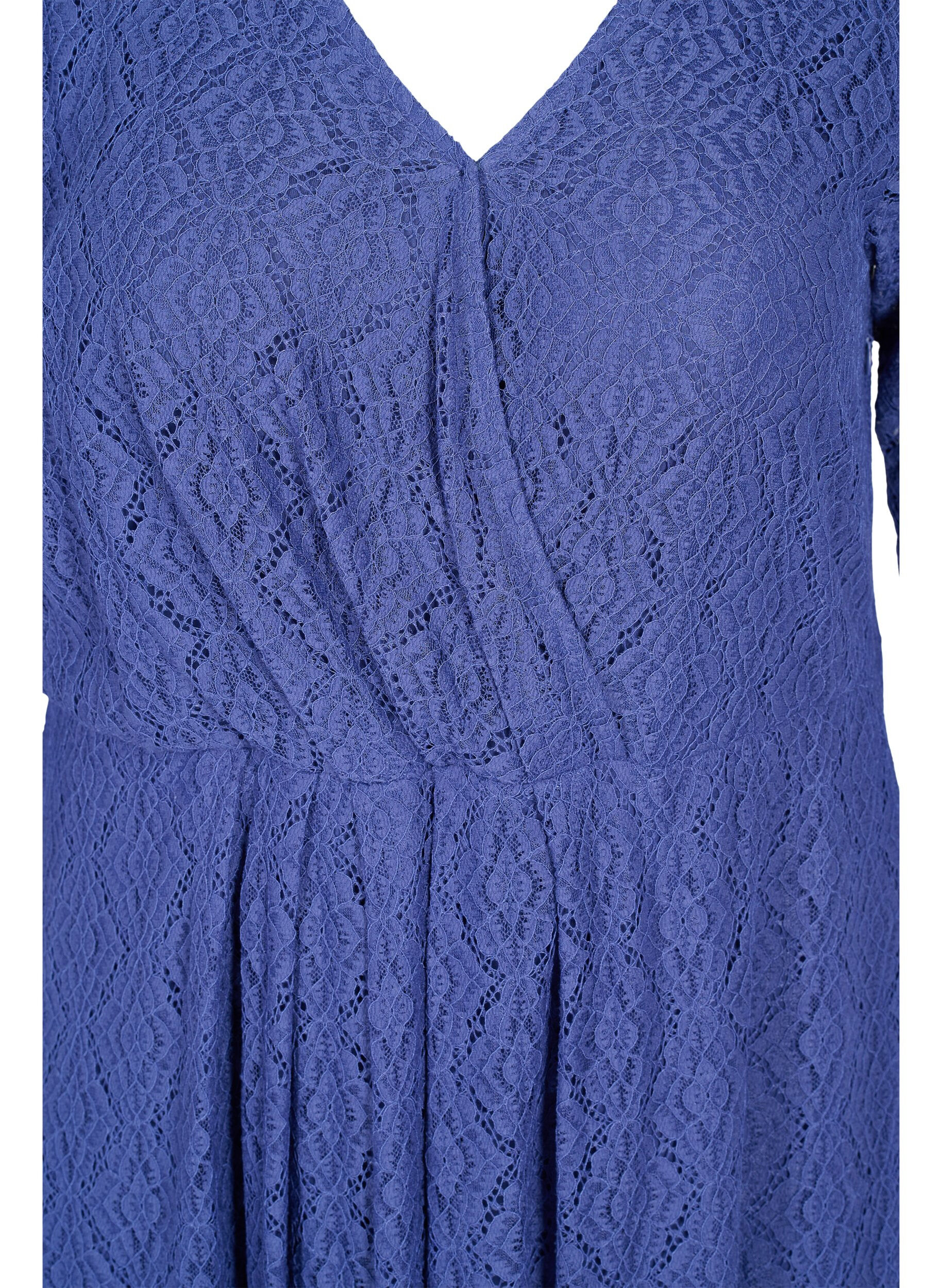 Zizzi Spitzenkleid mit V-Ausschnitt und 3/4-&Auml;rmeln, Blau, Packshot image number 2