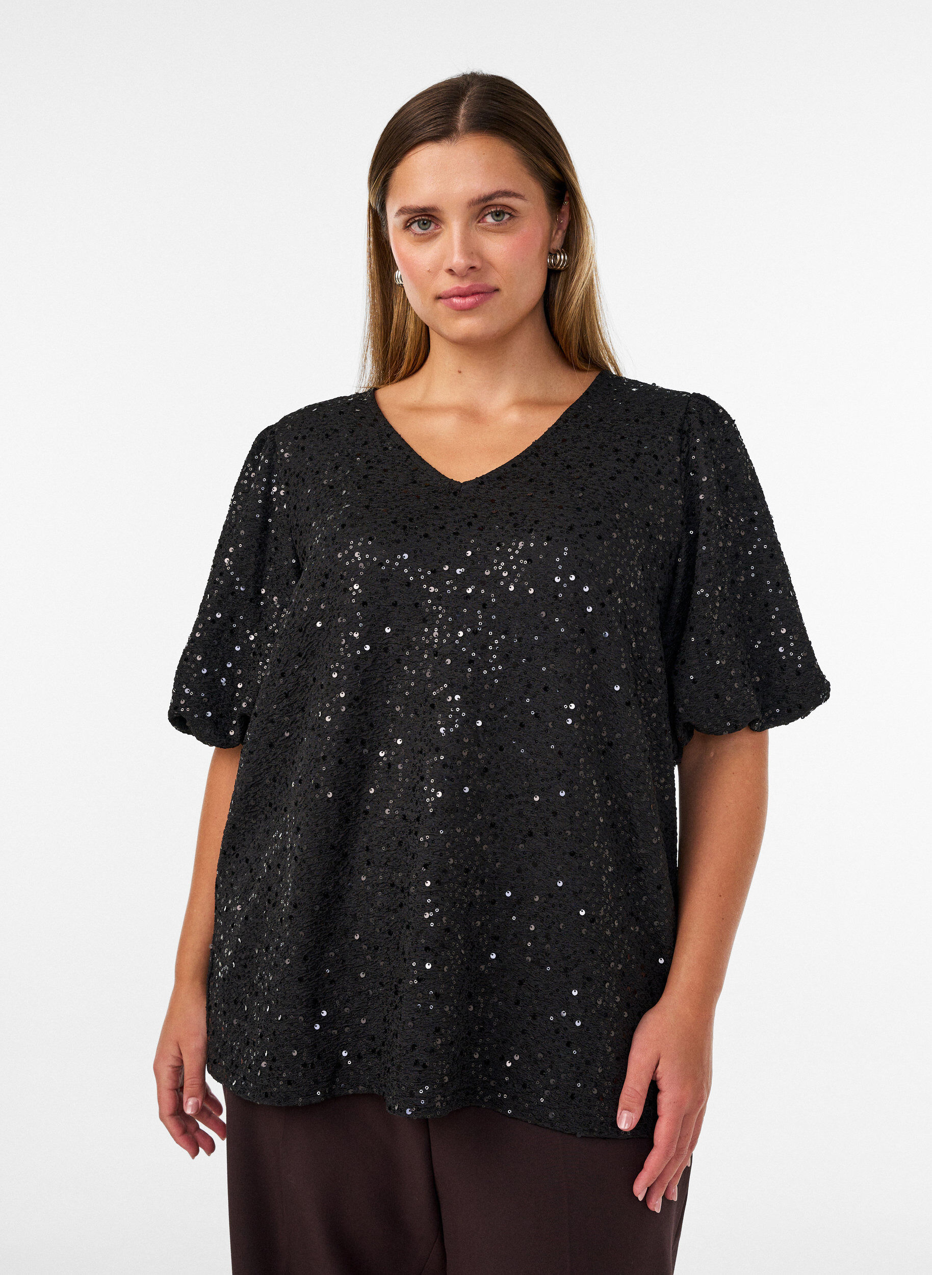 ZizziPaillettenbluse mit Ballon&auml;rmeln, Schwarz, Model image number 0