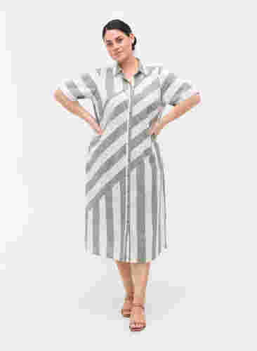 Kurzärmeliges Hemdkleid aus Baumwolle mit Streifen, Thyme Stripe, Model image number 2
